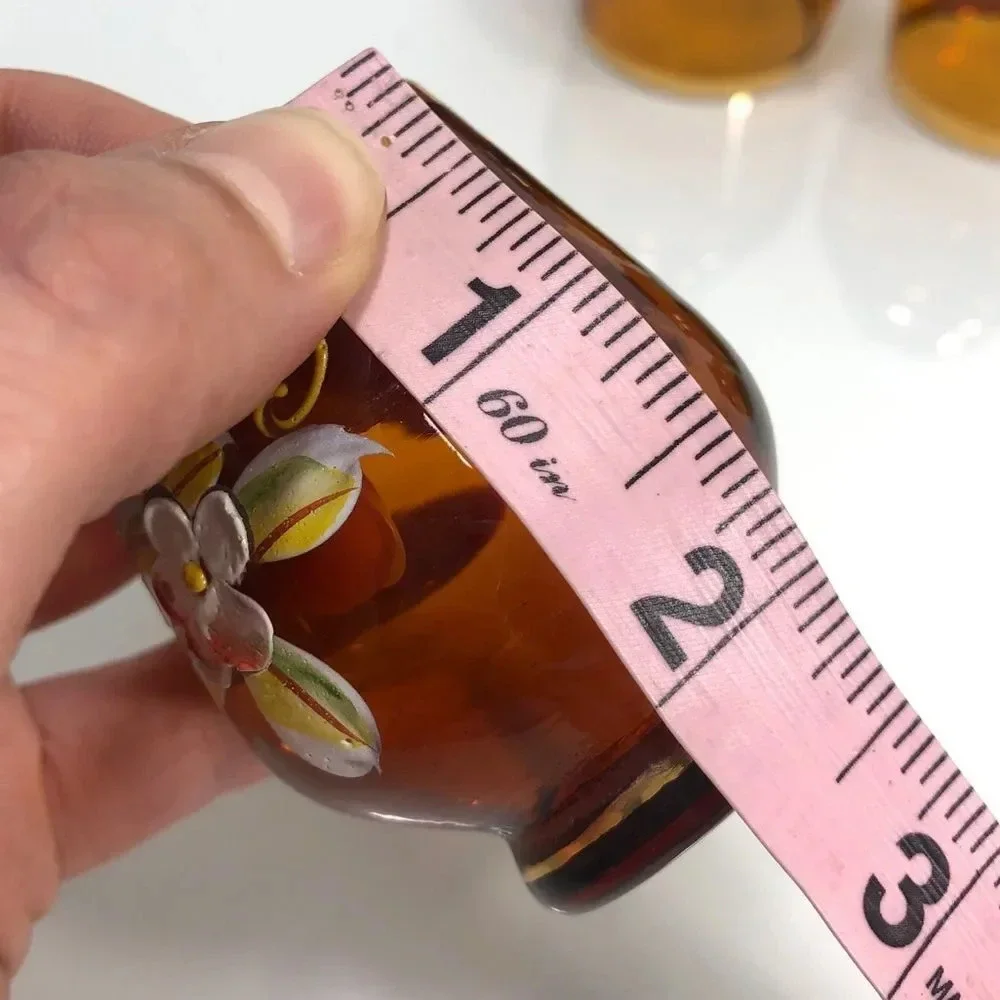 Bohemian Amber Glass Gold Gilding Raised Hand Painted Floral Design Shot Glasses